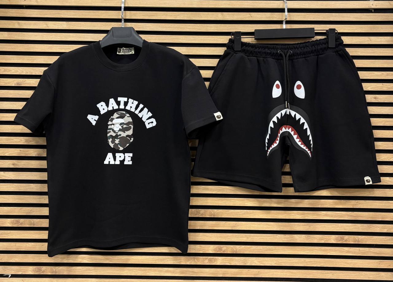 BAPE001 Мъжки Къс Екип Черно/Бял